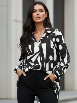 Outzidr - Black Bishop Sleeve Collared Neck Printed Dress