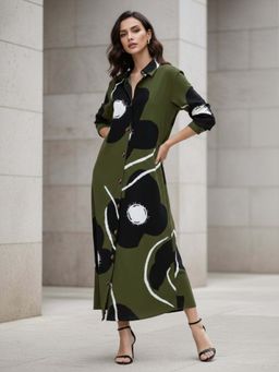 Outzidr - Olive Three- Fourth Sleeve Collared Neck Printed Dress