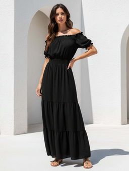 Outzidr - Black Short Sleeve Off Shoulder Dress