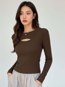 Outzidr - Women Brown Textured Fitted Top