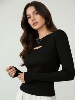 Outzidr - Women Black Textured Fitted Top