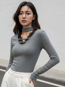 Outzidr - Women Grey Solid Fitted Top