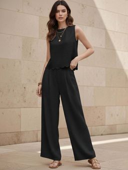 Outzidr - Black Sleeveless Scallop Hem Back Tie Co-Ord Set