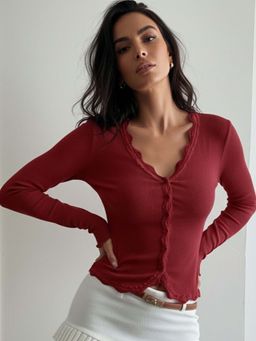 Outzidr - Full Sleeve Scallop Hem Burgundy Top