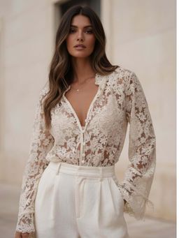 Outzidr - Bell Sleeve Embroidered V Neck Mesh Cream Top