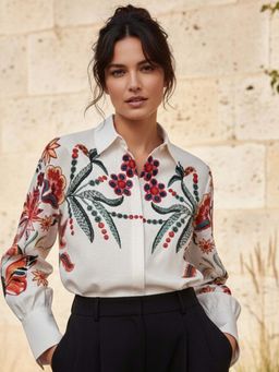 Outzidr - Bishop Sleeve Front Buttoned Embroidered Off White Top