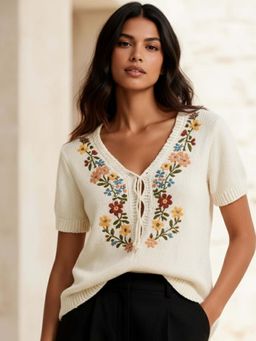 Outzidr - Short Sleeve Embroidered White Top
