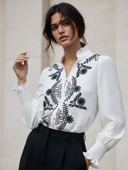 Outzidr - Bishop Sleeve Embroidered White Top