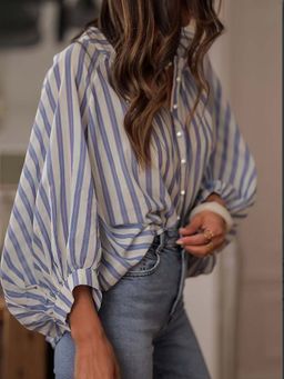 Outzidr - Bishop Sleeve Striped Off White Top