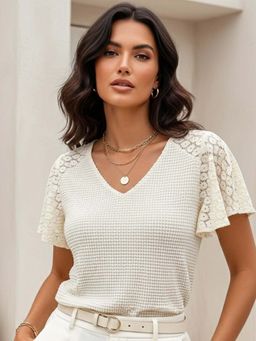 Outzidr - Bell Sleeve Textured White Top