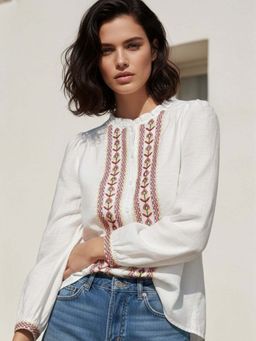 Outzidr - Full Sleeve Front Buttoned Embroidered White Top