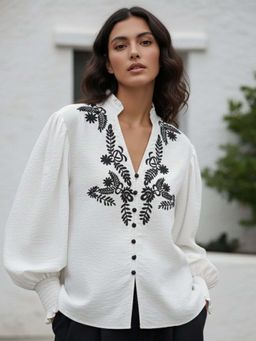 Outzidr - Bishop Sleeve V Neck Embroidered White Top