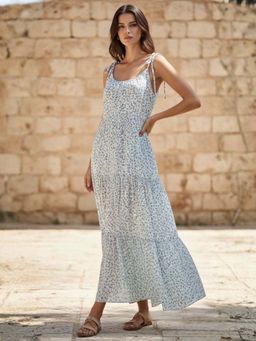 Outzidr - White Shoulder Tie-Up Flare Maxi Dress