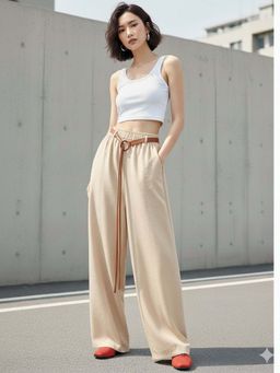 Outzidr - Beige High Waist Barrel Style Pant