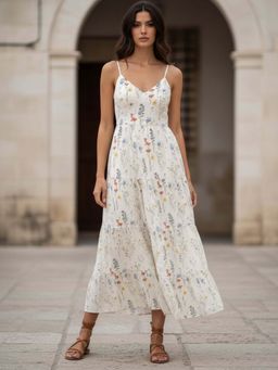 Outzidr - Cream Shoulder Strap Back Bow Tiered Maxi Dress