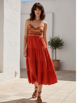 Outzidr - Orange Shoulder Strap Back Bow Tiered Maxi Dress