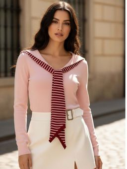 Outzidr - Full Sleeve V Neck Tie Up Pink Top