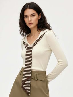 Outzidr - Full Sleeve V Neck Tie Up Cream Top