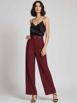 Outzidr - Burgundy High Waist Front Pleated Pant