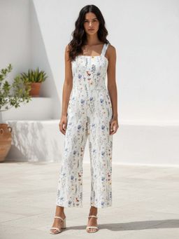 Outzidr - Cream Shoulder Strap Printed Jumpsuit