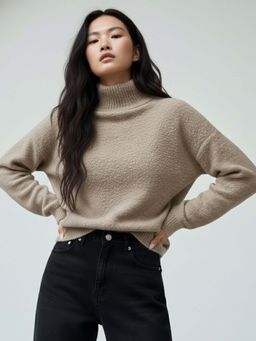 Outzidr - Full Sleeve High Neck Beige Sweatshirt