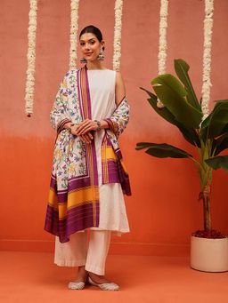 Silk Land - Women White Floral Dupatta