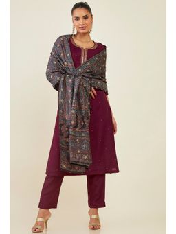 Soch - Women Maroon Blended Fabric Embroidered Suit (Set of 3)