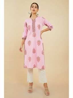 Soch - Women Pink Cotton Floral Kurta