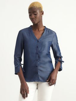 United Colors of Benetton - Tencel Navy Blue Solid V-Neck Women Shirt