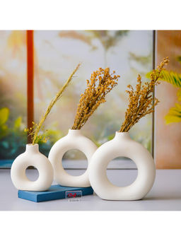 eCraftIndia - White Ceramic Donut Shape Flower Vase for Home Decor Living Room (Pack Of 3)