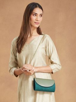 Fabindia - Women Teal Polyester Woven Clutch