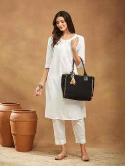 Fabindia - Women Black Jute Textured Tote Bag