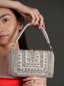 DRASTR - Women Silver Embellished Sequined Party Clutch