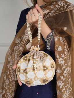 DRASTR - Women Beige Beads Embellished Party Potli Bag