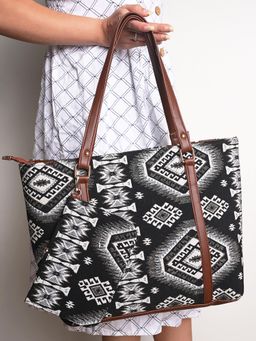 DRASTR - Women Black Ethnic Printed Handbag with Pouch
