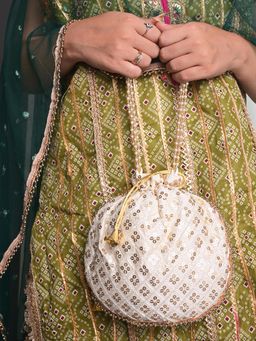 DRASTR - Women Off White Embellished Sequined Party Potli Bag