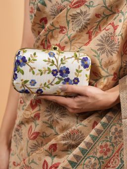 DRASTR - Women White and Blue Embroidered Party Clutch with Detachable Handle