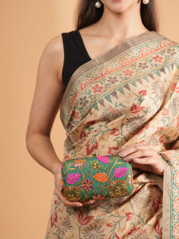 DRASTR - Women Green Embroidered Party Clutch with Detachable Handle