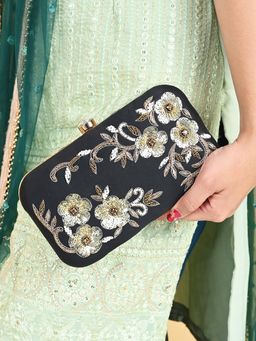 DRASTR - Women Black Sequined Party Clutch with Detachable Chain