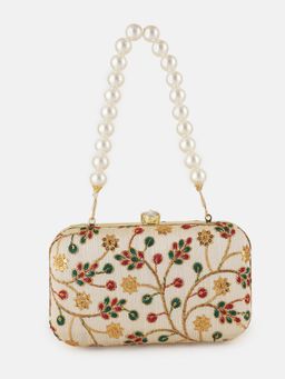 DRASTR - Women Off White Embroidered Party Clutch with Detachable Handle