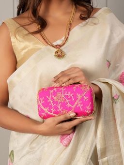 DRASTR - Women Fushia Pink Embroidered Party Clutch with Detachable Handle