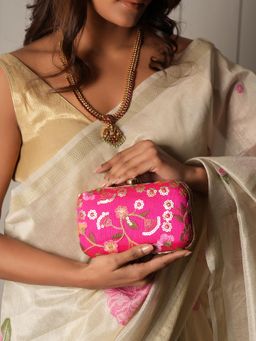 DRASTR - Women Pink Embroidered Embellished Clutch with Detachable Handle