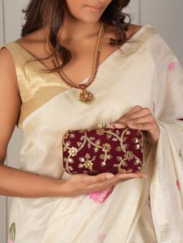 DRASTR - Women Maroon Embroidered Embellished Clutch with Detachable Handle