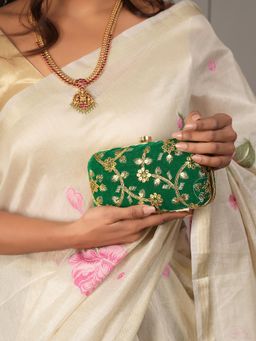 DRASTR - Women Green Embroidered Embellished Clutch with Detachable Handle