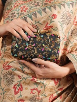 DRASTR - Women Black Embroidered Sequined Party Clutch with Detachable Handle