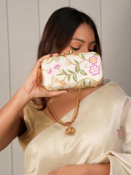 DRASTR - Women Off White Embroidered Embellished Clutch with Detachable Handle