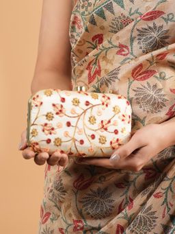 DRASTR - Women Off White Embroidered Party Clutch with Detachable Handle