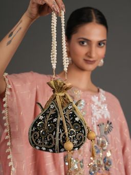 DRASTR - Women Black Embellished Sequined Party Potli Bag