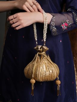 DRASTR - Women Gold Sequined Party Potli Bag