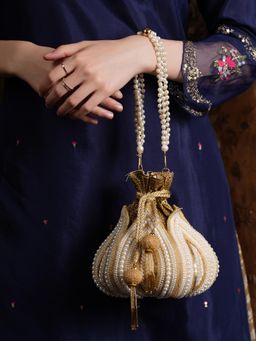 DRASTR - Women White and Gold Pearls-Beads Party Potli Bag